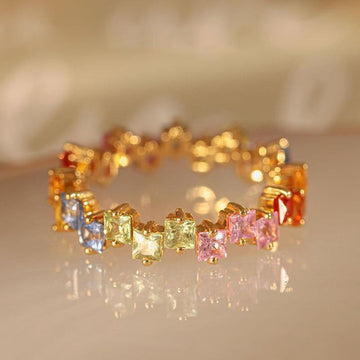 Rainbow Series Silver Plated Ring with Gold Embossed Colorful Crystal