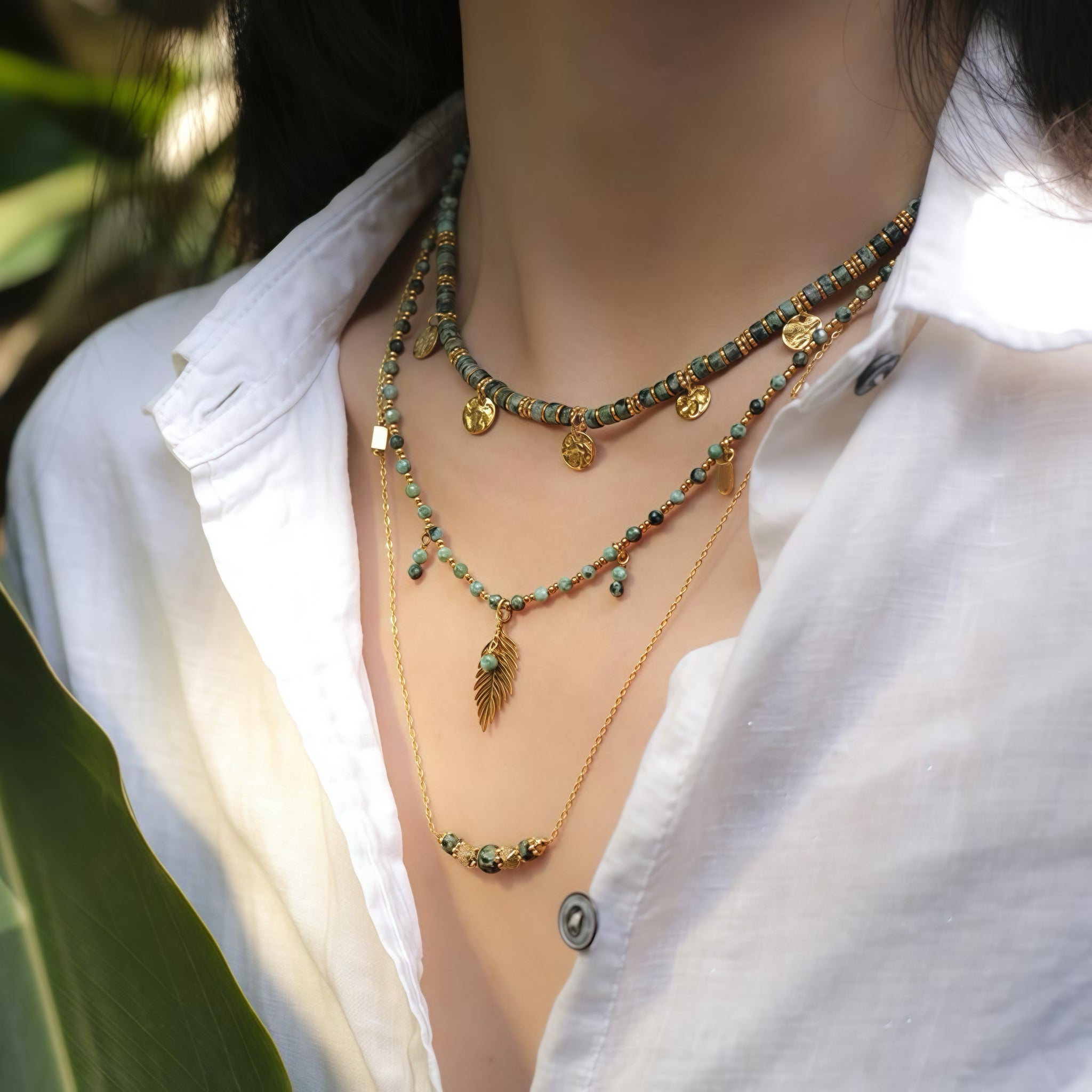 Green Turquoise Bead Choker Bohemian Leaf Necklace Spring Summer Women