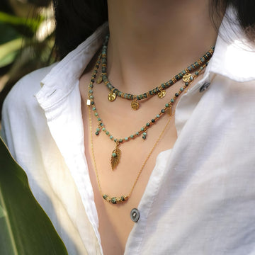 Green Turquoise Bead Choker Bohemian Leaf Necklace Spring Summer Women