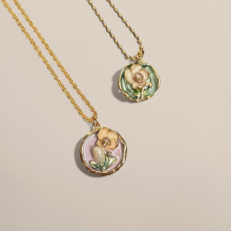 Monet's Garden, Elegant Enamel Oil Drop Pendant Necklace, Girlfriend Gift, Anniversary Gift