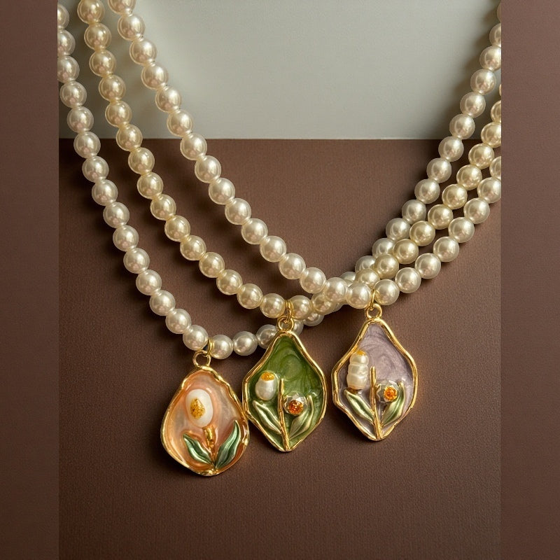 Monet's Garden, French Vintage Enamel Oil-Drop Pearl Necklace, Mother's Day Gift