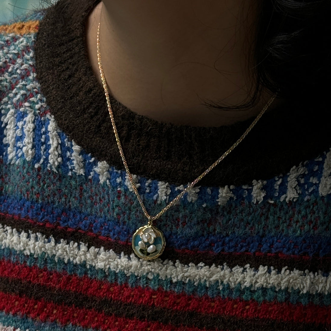 Monet's Garden, Elegant Enamel Oil Drop Pendant Necklace, Girlfriend Gift, Anniversary Gift