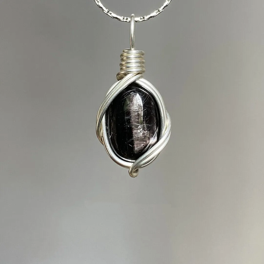 INTJ Personality Gift,Natural Hypersthene Wrapped Pendant, MBTI-inspired Wound Wire Jewelry Collection