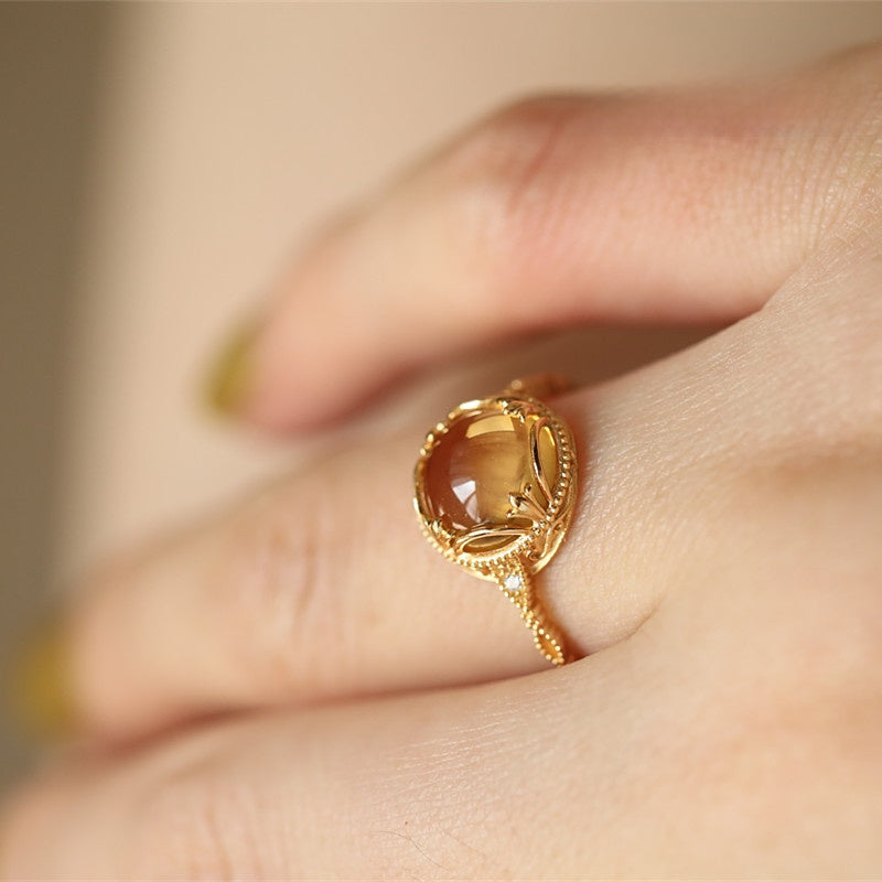 Elegant Lace Design Natural Yellow Quartz Ring for All Occasions