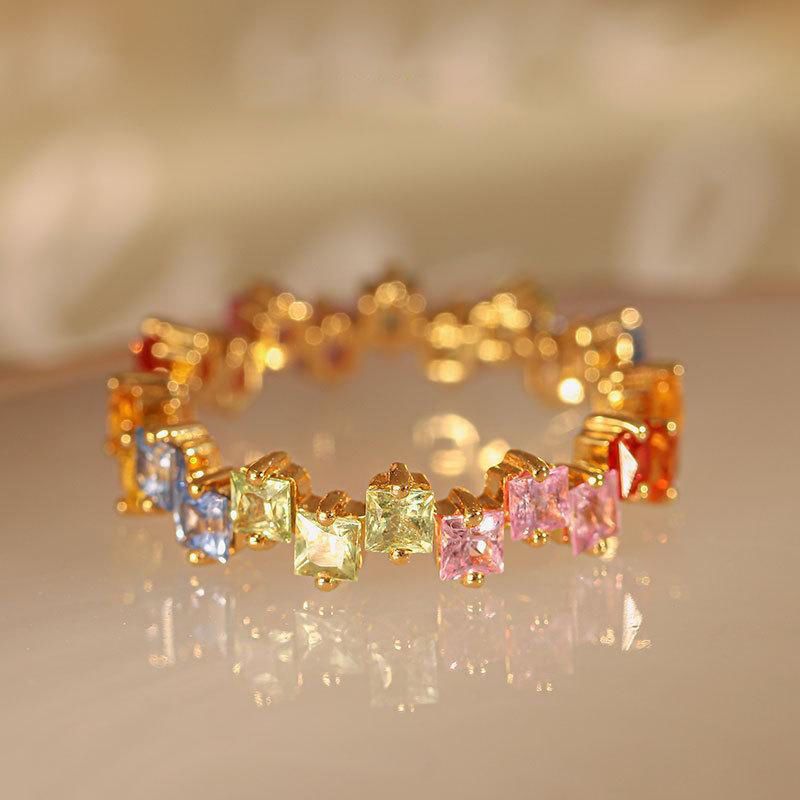 Rainbow Series Silver Plated Ring with Gold Embossed Colorful Crystal