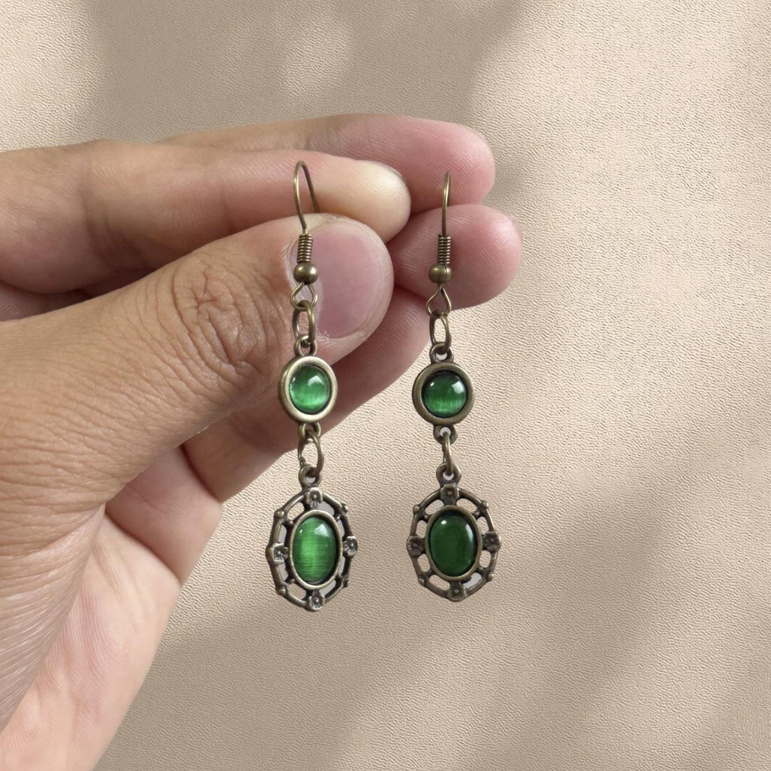 Vintage Jadeite Bronze Earrings with Emerald Pendant Bohemian Style