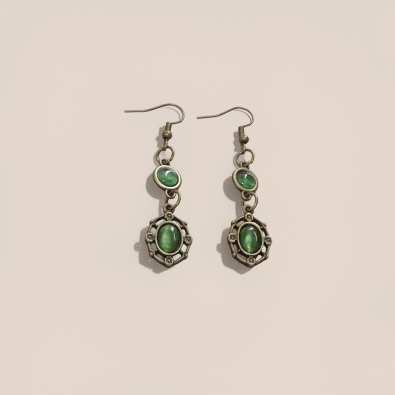 Vintage Jadeite Bronze Earrings with Emerald Pendant Bohemian Style