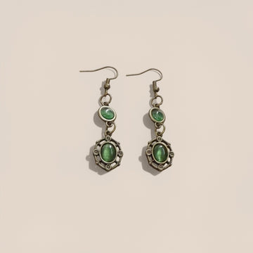 Vintage Jadeite Bronze Earrings with Emerald Pendant Bohemian Style